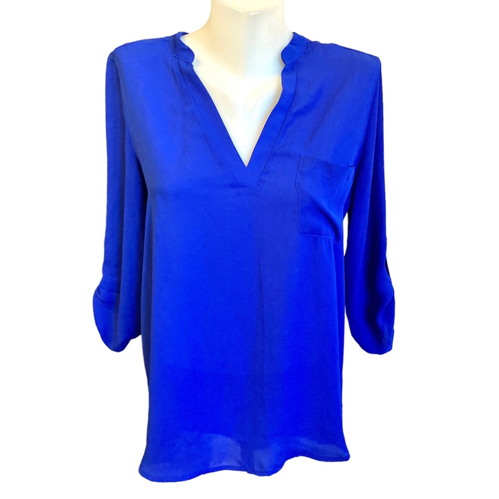 American Dream Electric blue Front Pocket Half Sleeve V-Neck Sheer Silky blouse